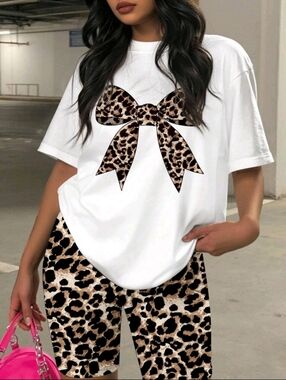 White Tee with Leopard Bow + Leopard Biker Shorts Set Size 16